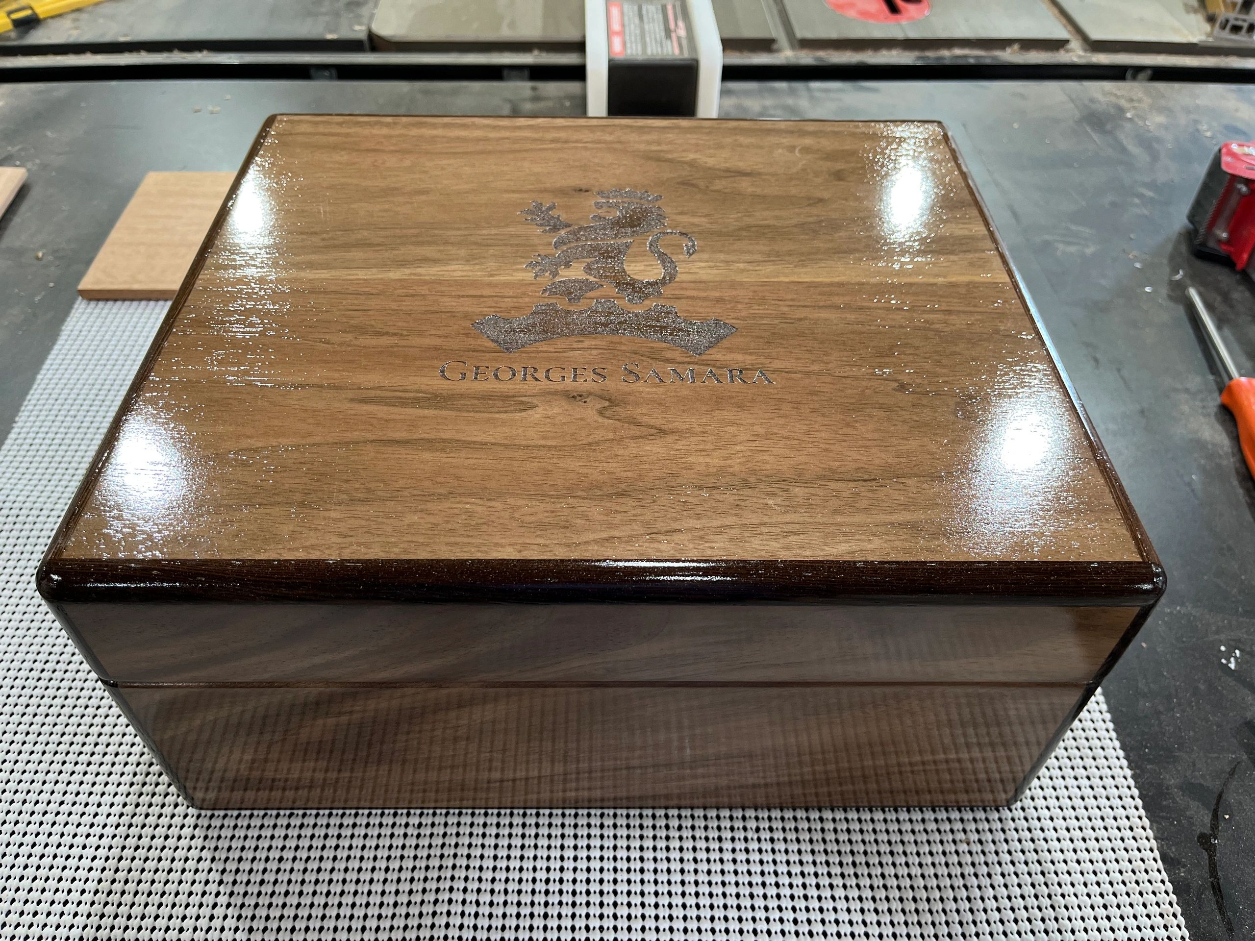 Bespoke walnut/Wenge humidor with custom laser etching