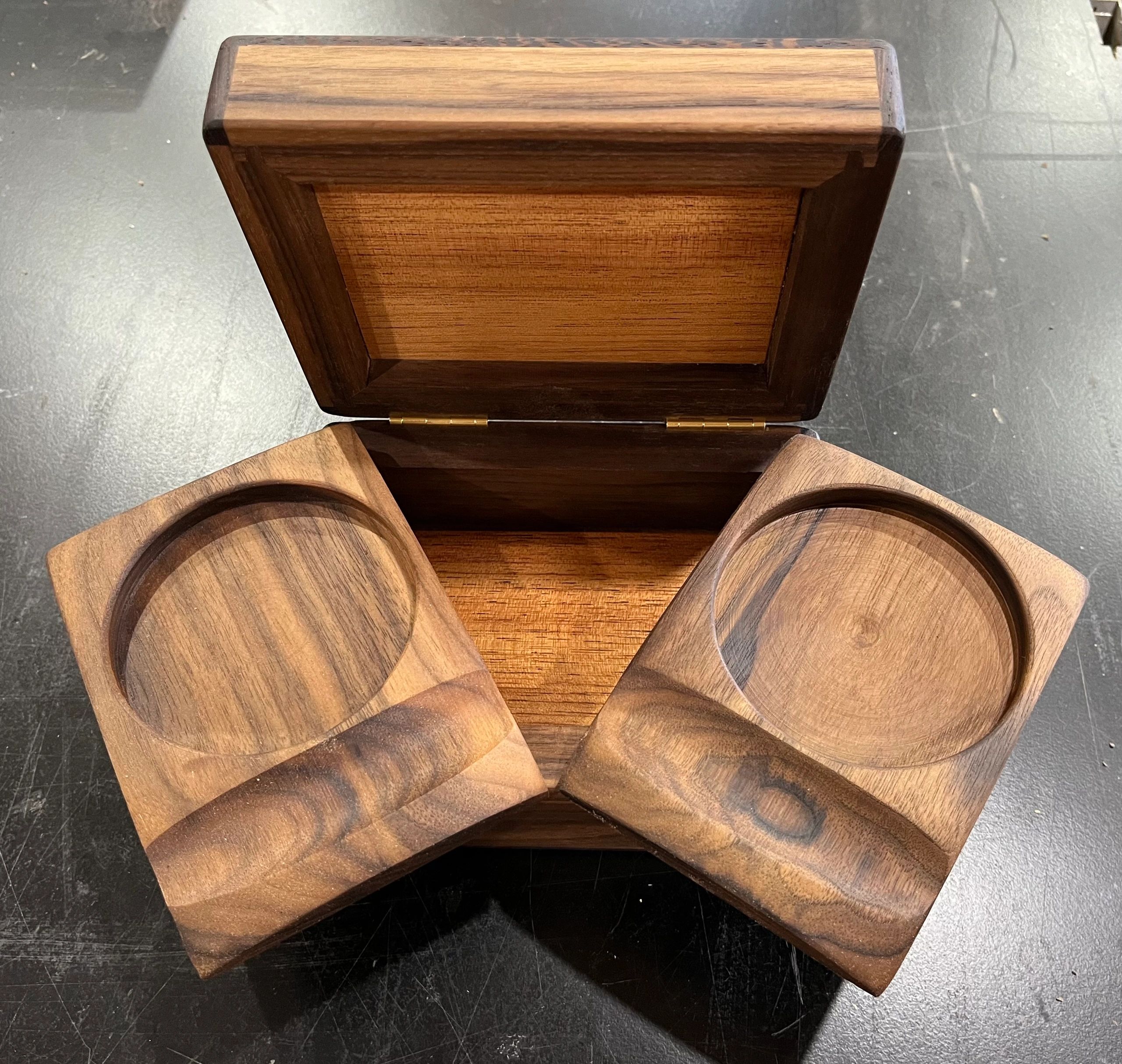 Bespoke cigar lighter and cutter box, with matching whiskey coaster with integrate cigar rest.